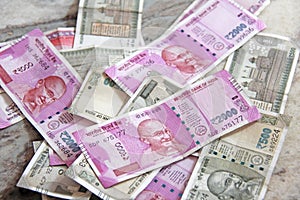 Indian money and banknotes, 500 rupees and 2,000 rupees. Background of paper Indian money photo