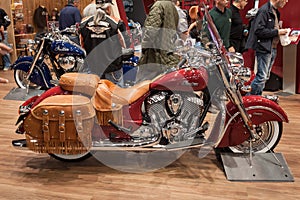 Indian motorbike with leather bags at EICMA 2013 in Milan, Italy