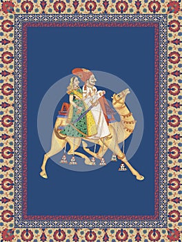 Indian Mughal emperor, queen with festive camel riding, adorned with regal accessories. vector illustration frame