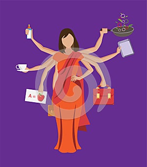 Indian Multitasking woman balancing life with multiple hands vector illustration