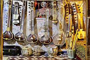 Indian music instruments for sale in a music shop in Varanasi, India.