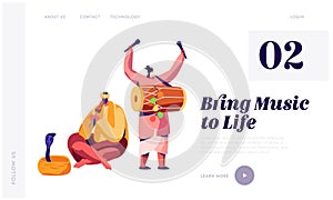 Indian Musician Playing Drum Dhol and Flute at Festival in Asia Landing Page. Man Hypnotize Cobra in Basket. Musical Instrument photo