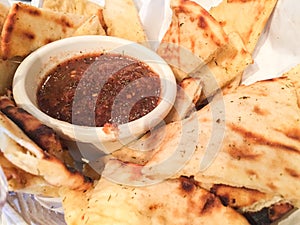 Indian naan bread with eggplant dip