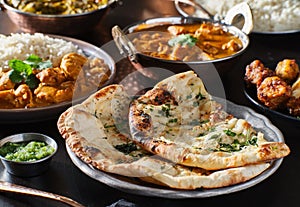Indian naan bread with herbs and garlic seasoning on plate photo