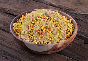 Indian Namkeen Food Navratan Mixture on Wooden Background