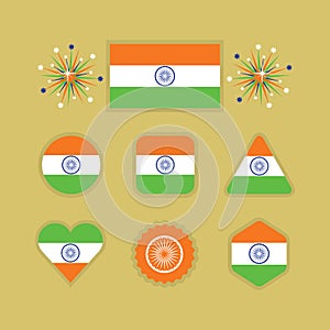 Indian national flag icons set on golden background