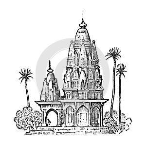 Indian national temple. Ancient old building. Hand drawn engraved in vintage sketch style. Ethnic culture.