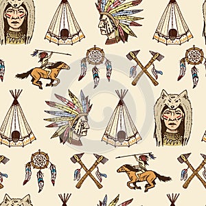 Indian or native american. seamless pattern. axes and tent, Dreamcatcher and cherokee, tomahawk. set of engraved vintage