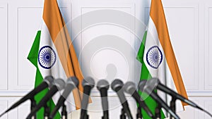 Indian official press conference. Flags of India and microphones. Conceptual animation