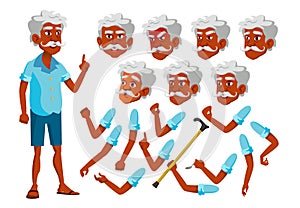 Indian Old Man Vector. Senior Person. Aged, Elderly People. Leisure, Smile. Face Emotions, Various Gestures. Animation