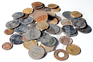 Indian Old vintage coins. Indian old and new coins isolated on white background.