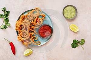 Indian onion bhajis with two sauces