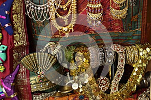 Indian Oriental jewelry, turbans, bracelets in an Oriental shop