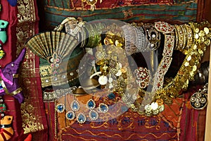 Indian Oriental jewelry, turbans, bracelets in an Oriental shop