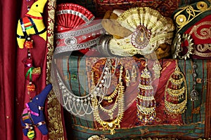 Indian Oriental jewelry, turbans, bracelets in an Oriental shop