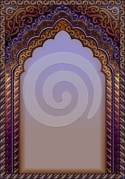 Indian ornamental arch. A4 format, text box, colors purple and gold.