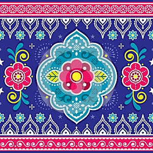 Indian and Pakistani truck art vector seamless pattern design with flowers and geometric shapes, vibrant traditional Diwali orna
