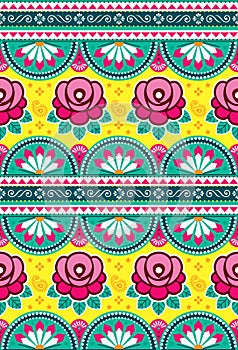 Indian and Pakistani truck art vector seamless textile or fabric print pattern design with roses, floral Diwali vibrant blackgroun