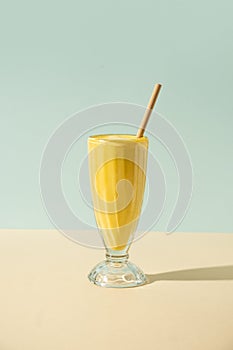 Indian Passion Fruit Lassi on white background.