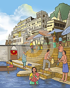Indian peole praying on river gangga beside temple illustration