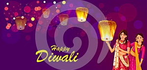 Indian people celebrating Happy Diwali festival holiday celebration of India greeting background