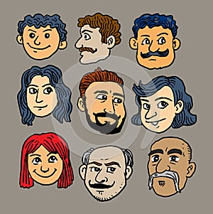 Indian people faces set cartoon