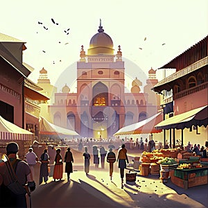 Indian people and foreign travelers walking in front of Masjid Jameh Mosque in Delhi, India. AI Generated