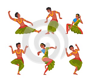 Indian people performing traditional dance set. Happy dancers in traditional clothes cartoon vector illustration