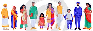 Indian people in traditional clothing set. Vector cartoon characters illustration. Family, kids, seniors, men and women