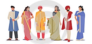 Indian People Wear Traditional Clothes Isolated on White Background. Young Smiling Male and Female Characters of India