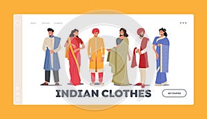 Indian People Wear Traditional Clothes Landing Page Template. Young Smiling Male and Female Characters Wear Sari or Kurt