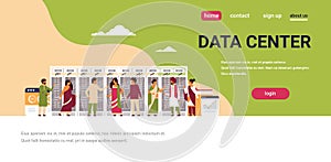Indian people working data center concept room hosting server computer information database graph diagram analysis flat