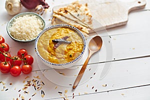 Indian popular food Dal fry or traditional Dal Tadka Curry served in bowl