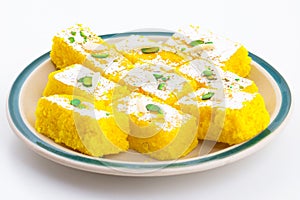 Indian Popular Sweet Food Khopara Pak or Coconut Burfi on White Background