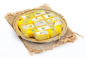 Indian Popular Sweet Food Khopara Pak or Coconut Burfi on White Background