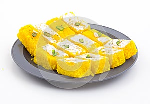 Indian Popular Sweet Food Khopara Pak or Coconut Burfi on White Background