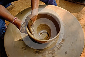 Indian potter hands at work, Shilpagram, Udaipur, Rajasthan, India