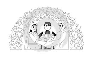 Indian prayer officiating bride groom hindu wedding monochromatic flat vector characters