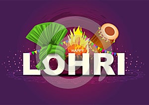 Indian Punjabi festival of lohri celebration fire background with decorated drum and bonfire. vector illustration design