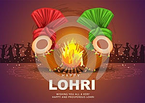 Indian Punjabi festival of lohri celebration fire background with decorated drum and hat. vector illustration design
