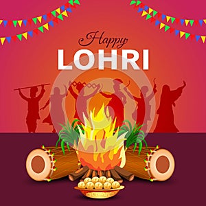 Indian Punjabi festival of lohri celebration fire background with decorated drum and sugar cane. vector illustration design