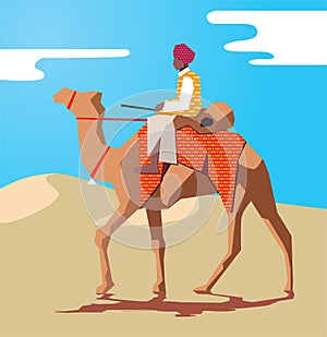 Indian rajasthani man on camel ride in desert