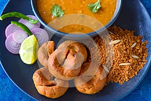 Indian Rajasthani meal-Dal baati churma closeup
