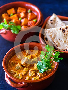 Indian Rajasthani meal-Gatte ki kadhi, roti and aloo matar potato peas curry photo