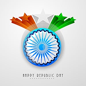 Indian Republic Day celebration with Ashoka Wheel and 3d stars.