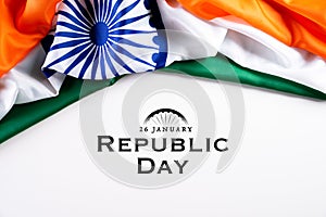 Indian republic day concept. Indian flag with the text Happy republic day against a white background. 26 January