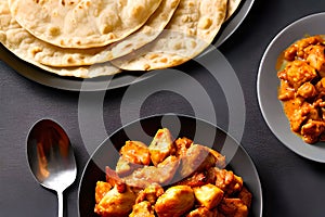 Indian restaurant food of chicken, tomato, chatni