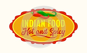 Indian Restaurant Icon, Emblem with Red and Green Jalapeno Hot Chili Peppers Isolated on White Background. Food of India