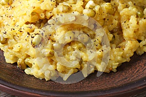 Indian rice with spices and mungbeen on a plate macro