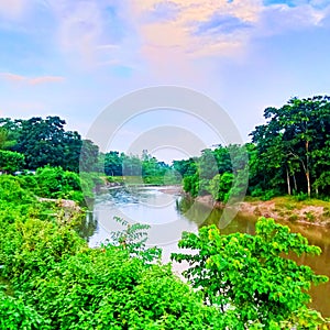 Indian river and forest in blue sky